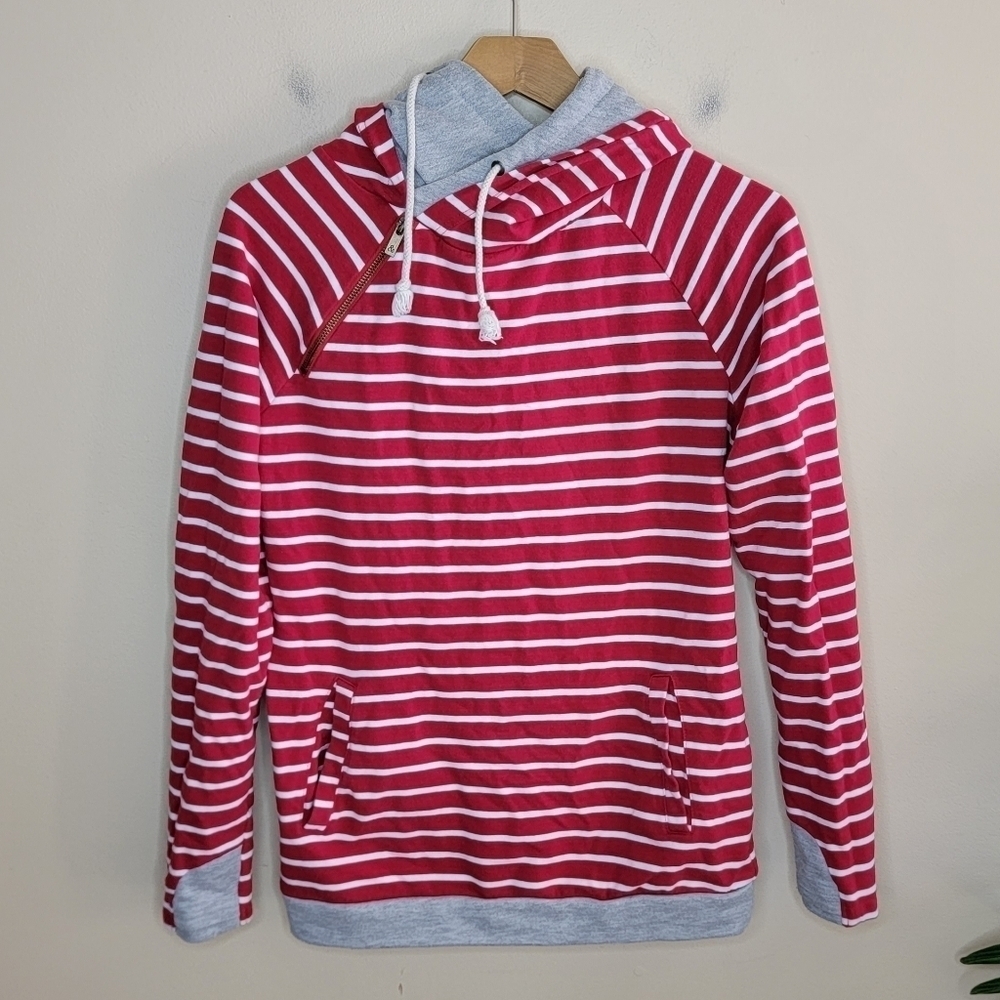 & Ampersand Ave Red & White Striped Double Hoodie Sweatshirt Size Small